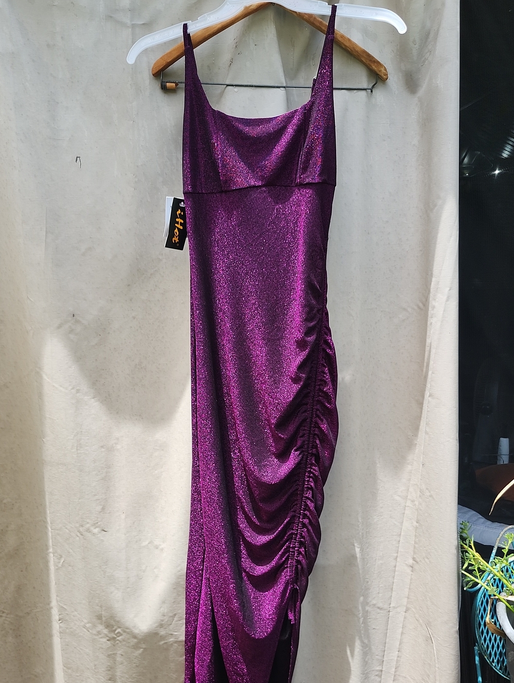 Shimmering Purple Ruched Maxi Slip Dress